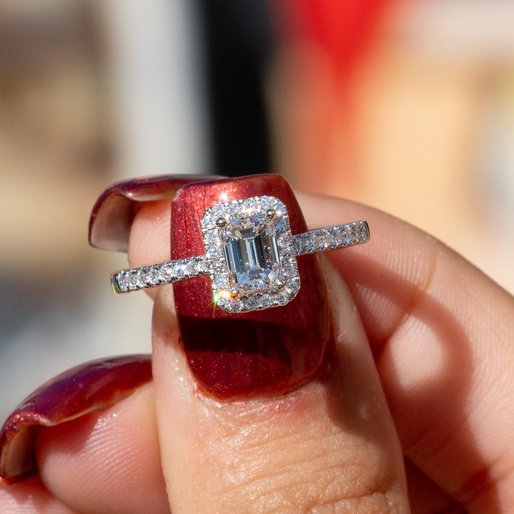 1.60 CT Emerald Cut Halo Pave Moissanite Diamond Engagement Ring