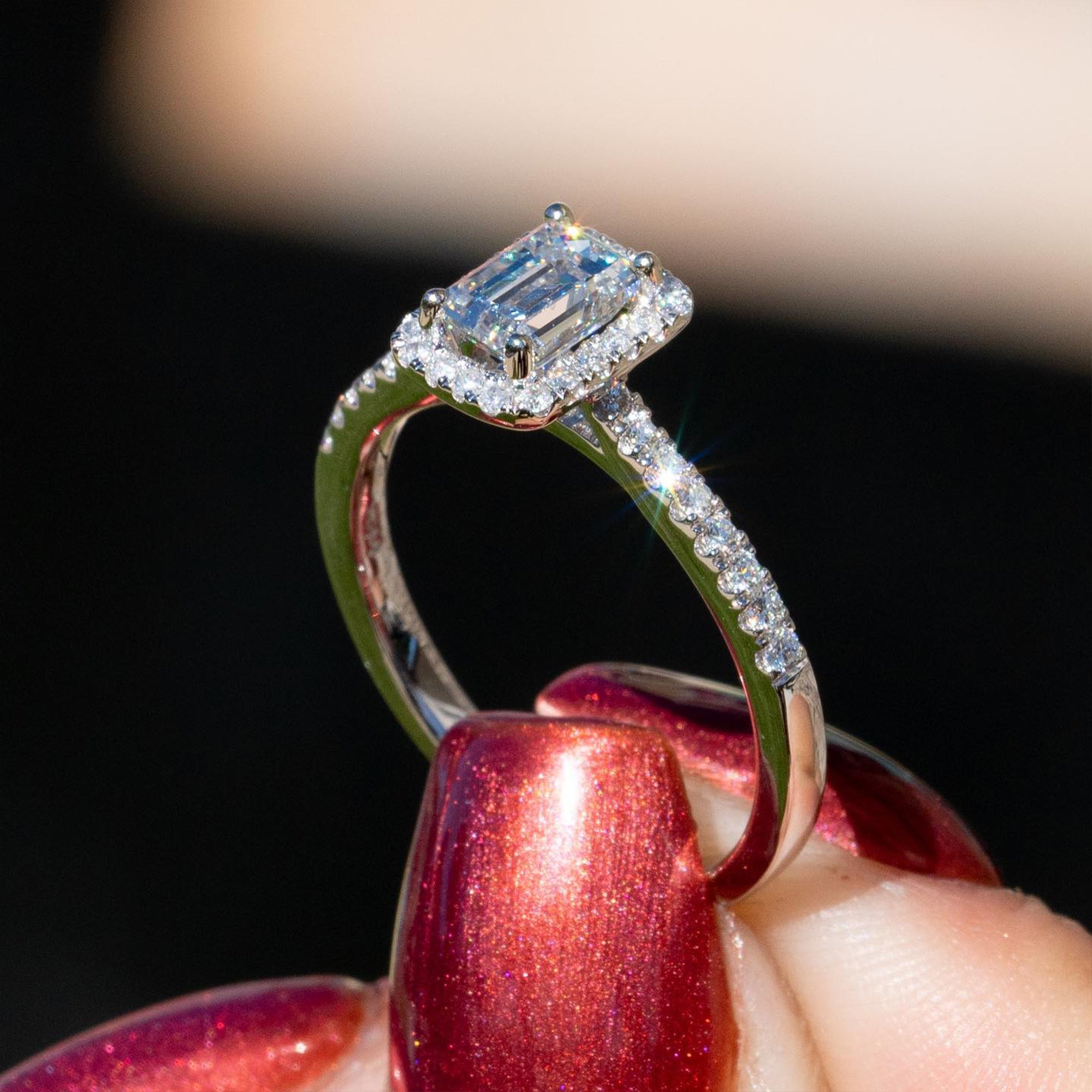 1.60 CT Emerald Cut Halo Pave Moissanite Diamond Engagement Ring