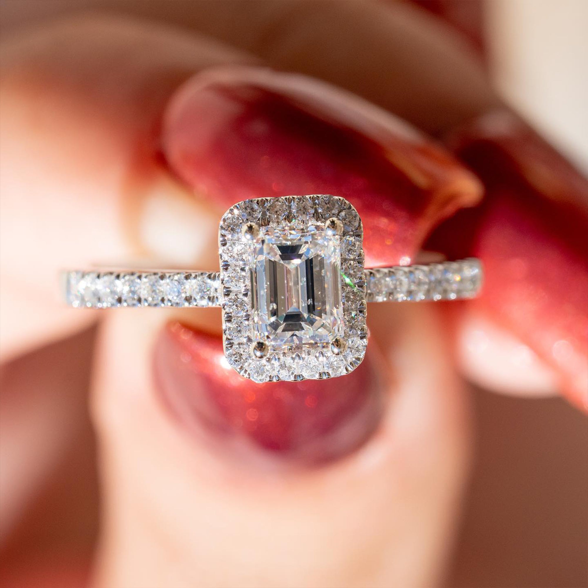 1.60 CT Emerald Cut Halo Pave Moissanite Diamond Engagement Ring