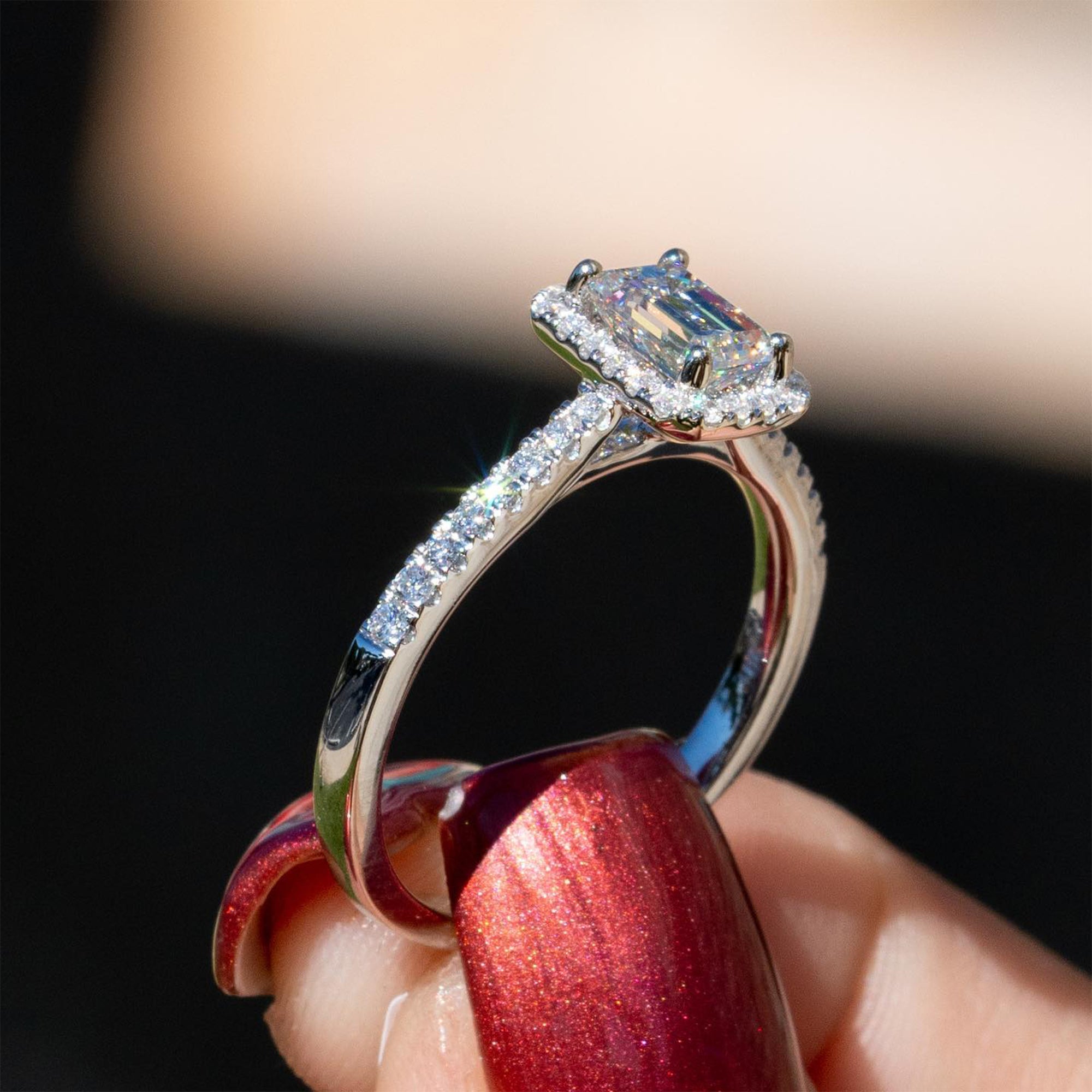 1.60 CT Emerald Cut Halo Pave Moissanite Diamond Engagement Ring
