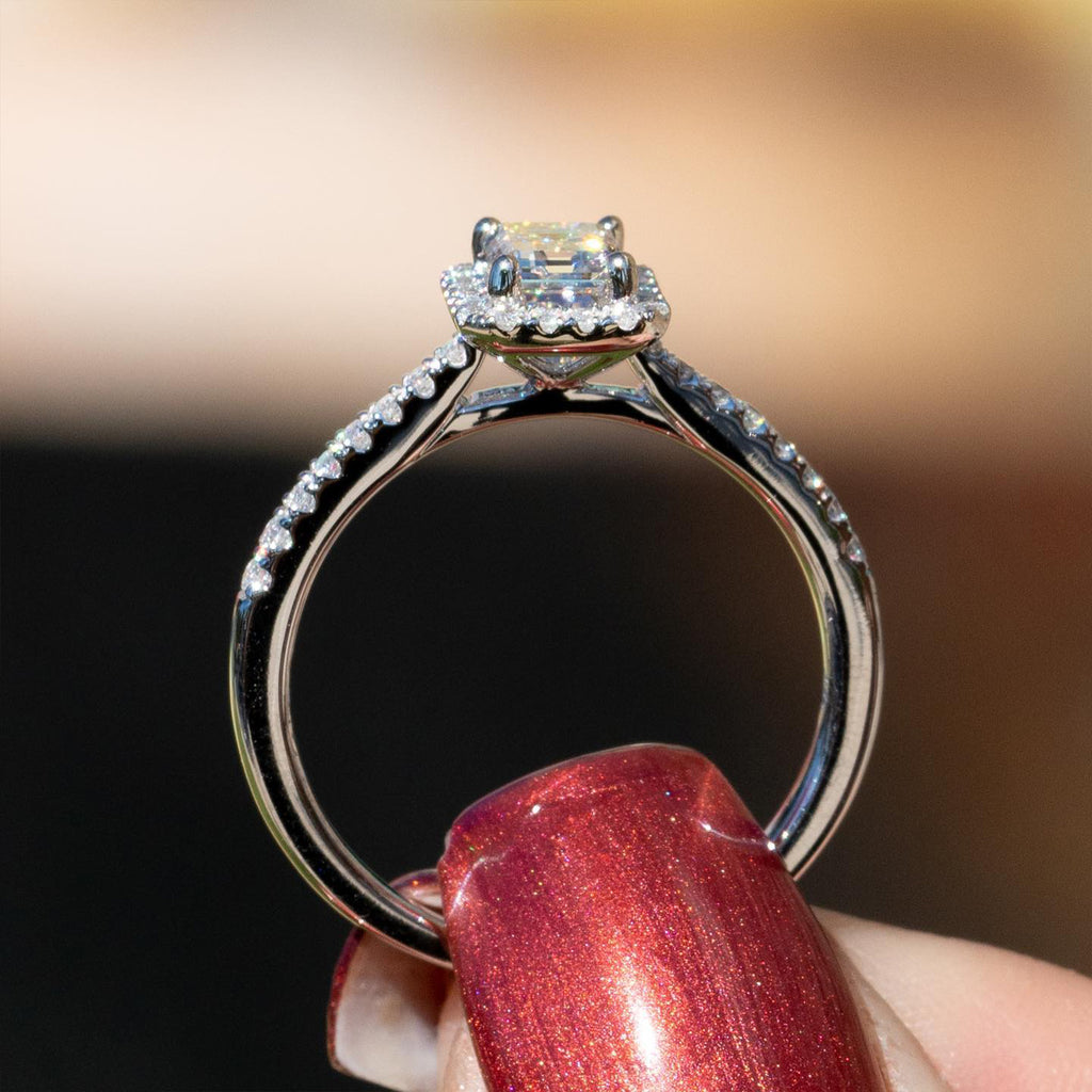 1.60 CT Emerald Cut Halo Pave Moissanite Diamond Engagement Ring