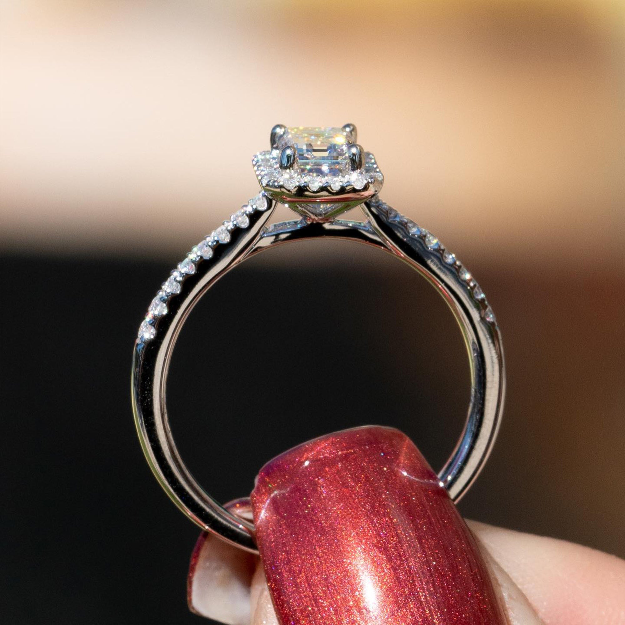 1.60 CT Emerald Cut Halo Pave Moissanite Diamond Engagement Ring