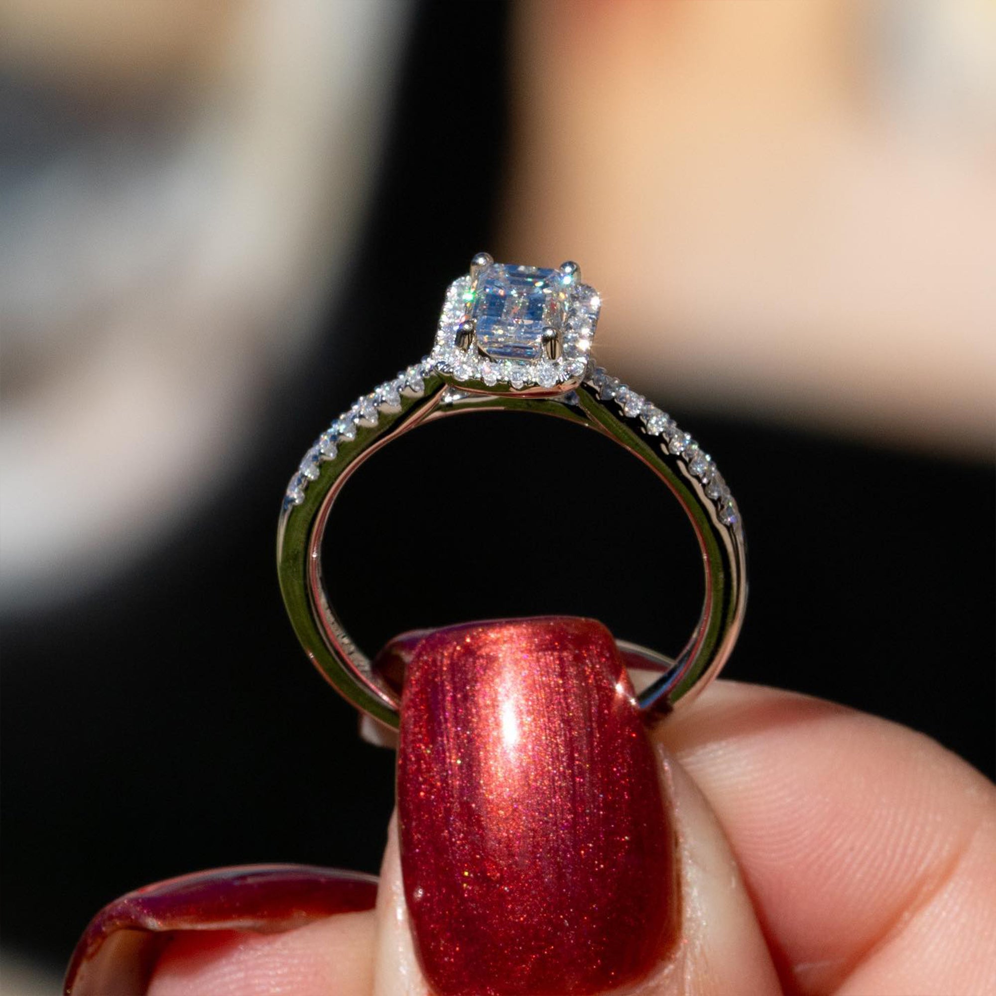 1.60 CT Emerald Cut Halo Pave Moissanite Diamond Engagement Ring